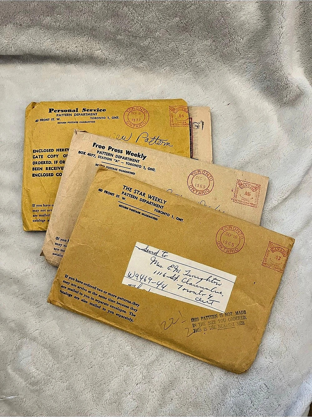 Lot of 3 Vintage Canadian Newspaper Sewing Pattern Mail-Order Envelopes 1960/70’